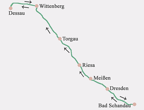 Skizze des Elberadwegs von Dresden nach Wittenberg